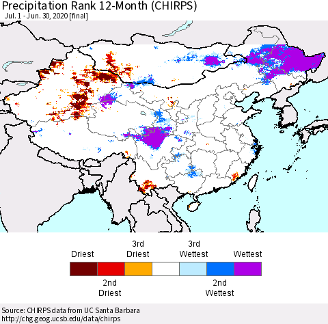 China, Mongolia and Taiwan Precipitation Rank since 1981, 12-Month (CHIRPS) Thematic Map For 7/1/2019 - 6/30/2020