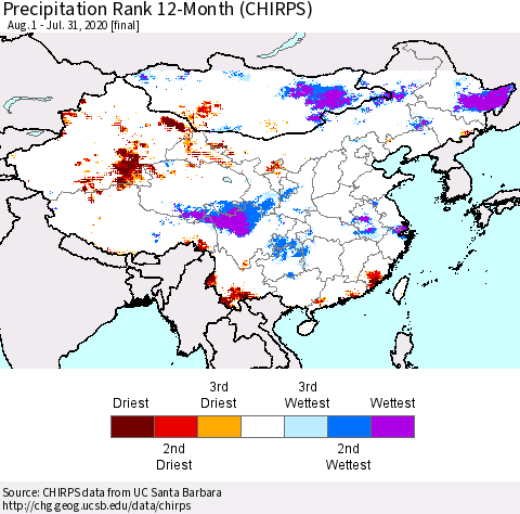 China and Taiwan Precipitation Rank 12-Month (CHIRPS) Thematic Map For 8/1/2019 - 7/31/2020