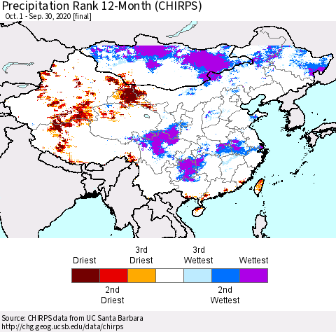 China and Taiwan Precipitation Rank 12-Month (CHIRPS) Thematic Map For 10/1/2019 - 9/30/2020