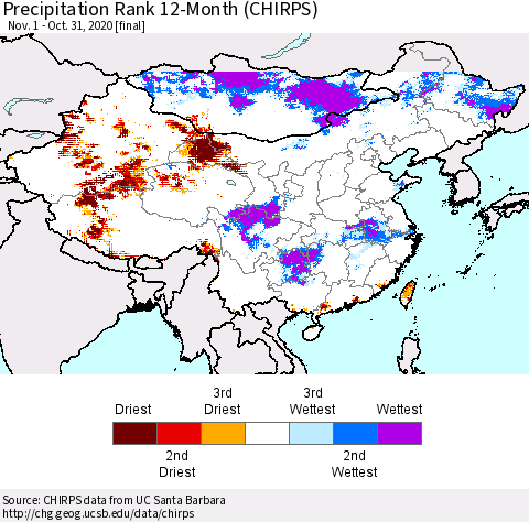 China, Mongolia and Taiwan Precipitation Rank since 1981, 12-Month (CHIRPS) Thematic Map For 11/1/2019 - 10/31/2020