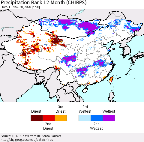 China, Mongolia and Taiwan Precipitation Rank since 1981, 12-Month (CHIRPS) Thematic Map For 12/1/2019 - 11/30/2020