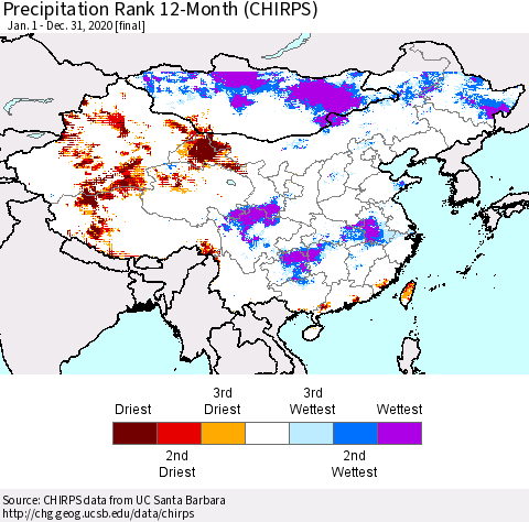 China, Mongolia and Taiwan Precipitation Rank since 1981, 12-Month (CHIRPS) Thematic Map For 1/1/2020 - 12/31/2020