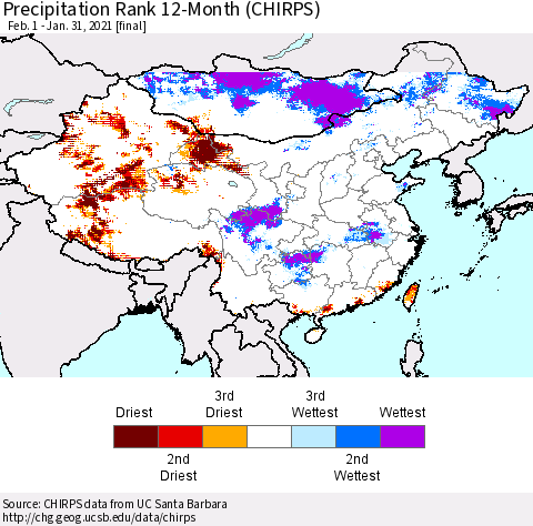 China, Mongolia and Taiwan Precipitation Rank since 1981, 12-Month (CHIRPS) Thematic Map For 2/1/2020 - 1/31/2021