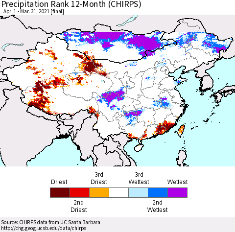 China, Mongolia and Taiwan Precipitation Rank since 1981, 12-Month (CHIRPS) Thematic Map For 4/1/2020 - 3/31/2021