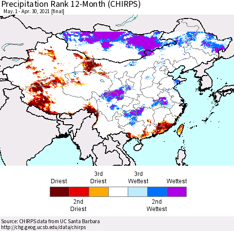 China, Mongolia and Taiwan Precipitation Rank since 1981, 12-Month (CHIRPS) Thematic Map For 5/1/2020 - 4/30/2021