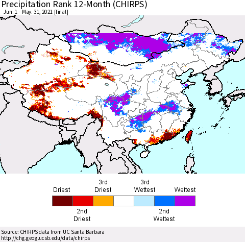 China, Mongolia and Taiwan Precipitation Rank since 1981, 12-Month (CHIRPS) Thematic Map For 6/1/2020 - 5/31/2021