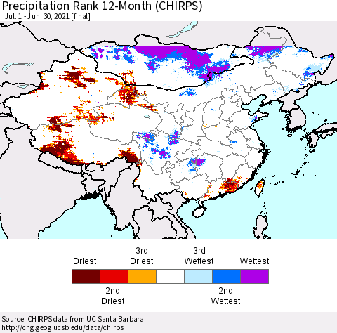 China, Mongolia and Taiwan Precipitation Rank since 1981, 12-Month (CHIRPS) Thematic Map For 7/1/2020 - 6/30/2021