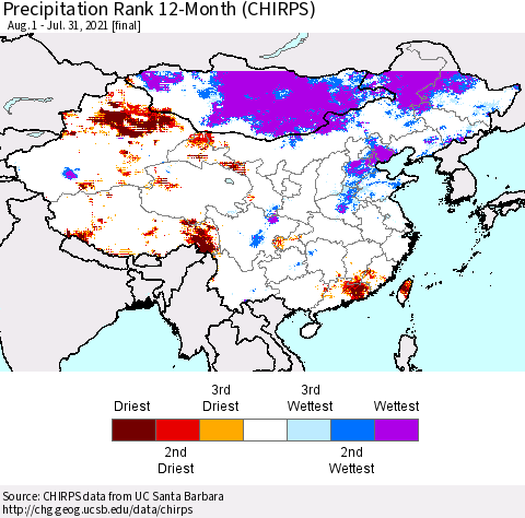 China, Mongolia and Taiwan Precipitation Rank since 1981, 12-Month (CHIRPS) Thematic Map For 8/1/2020 - 7/31/2021