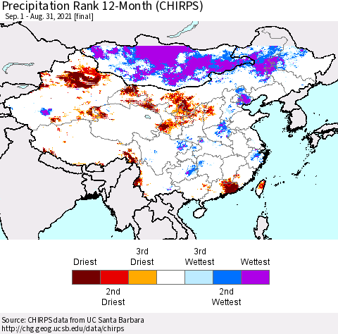 China, Mongolia and Taiwan Precipitation Rank since 1981, 12-Month (CHIRPS) Thematic Map For 9/1/2020 - 8/31/2021