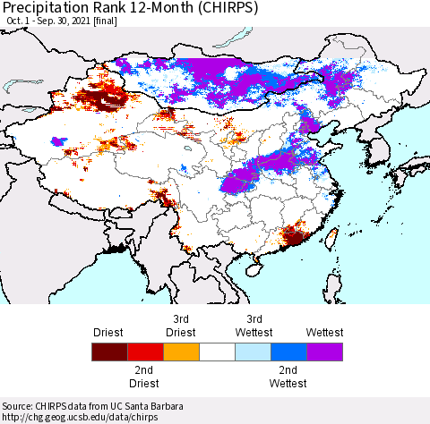 China, Mongolia and Taiwan Precipitation Rank since 1981, 12-Month (CHIRPS) Thematic Map For 10/1/2020 - 9/30/2021