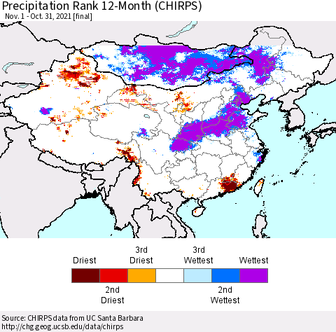 China, Mongolia and Taiwan Precipitation Rank since 1981, 12-Month (CHIRPS) Thematic Map For 11/1/2020 - 10/31/2021