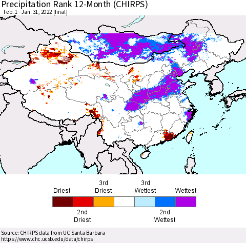 China, Mongolia and Taiwan Precipitation Rank since 1981, 12-Month (CHIRPS) Thematic Map For 2/1/2021 - 1/31/2022