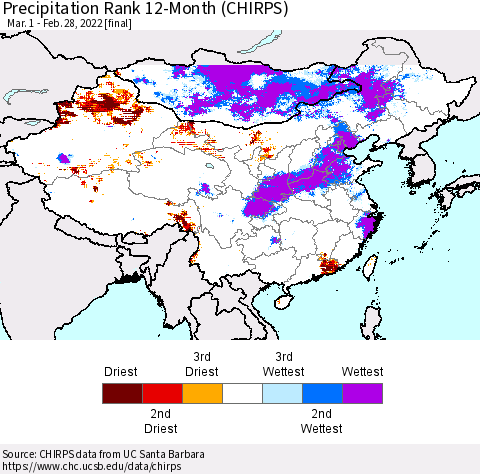 China, Mongolia and Taiwan Precipitation Rank since 1981, 12-Month (CHIRPS) Thematic Map For 3/1/2021 - 2/28/2022