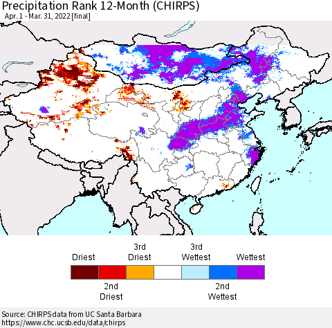 China, Mongolia and Taiwan Precipitation Rank since 1981, 12-Month (CHIRPS) Thematic Map For 4/1/2021 - 3/31/2022