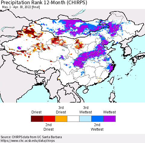 China, Mongolia and Taiwan Precipitation Rank since 1981, 12-Month (CHIRPS) Thematic Map For 5/1/2021 - 4/30/2022