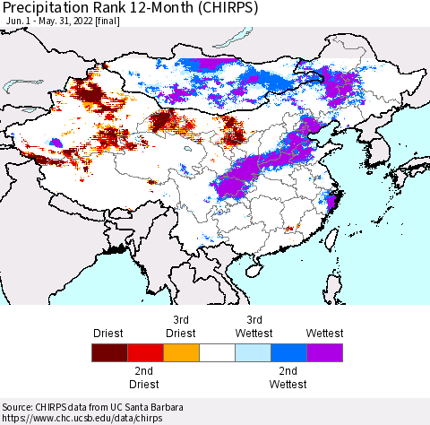 China, Mongolia and Taiwan Precipitation Rank since 1981, 12-Month (CHIRPS) Thematic Map For 6/1/2021 - 5/31/2022