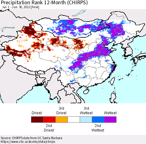 China, Mongolia and Taiwan Precipitation Rank since 1981, 12-Month (CHIRPS) Thematic Map For 7/1/2021 - 6/30/2022