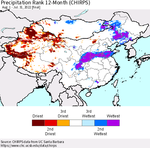 China, Mongolia and Taiwan Precipitation Rank since 1981, 12-Month (CHIRPS) Thematic Map For 8/1/2021 - 7/31/2022