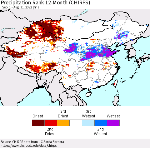 China, Mongolia and Taiwan Precipitation Rank since 1981, 12-Month (CHIRPS) Thematic Map For 9/1/2021 - 8/31/2022