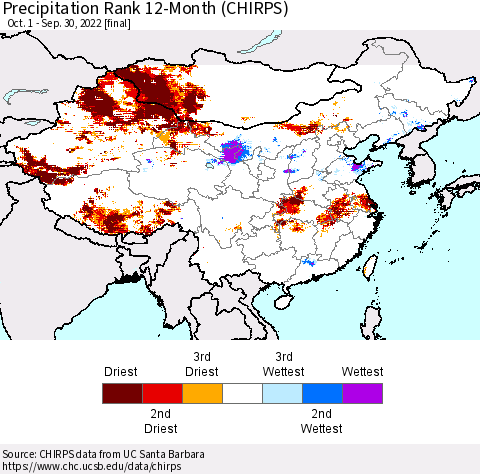 China, Mongolia and Taiwan Precipitation Rank since 1981, 12-Month (CHIRPS) Thematic Map For 10/1/2021 - 9/30/2022