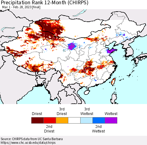 China, Mongolia and Taiwan Precipitation Rank since 1981, 12-Month (CHIRPS) Thematic Map For 3/1/2022 - 2/28/2023