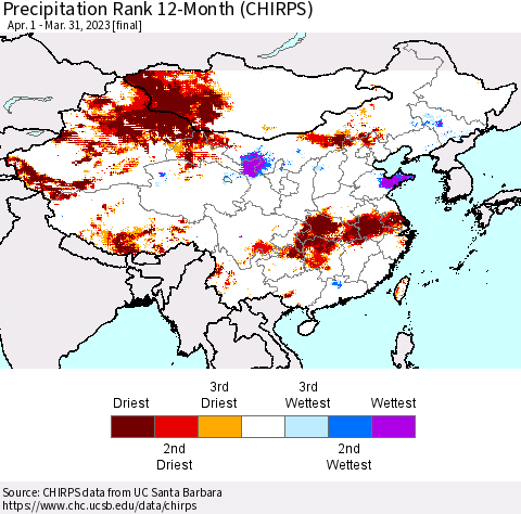 China, Mongolia and Taiwan Precipitation Rank since 1981, 12-Month (CHIRPS) Thematic Map For 4/1/2022 - 3/31/2023