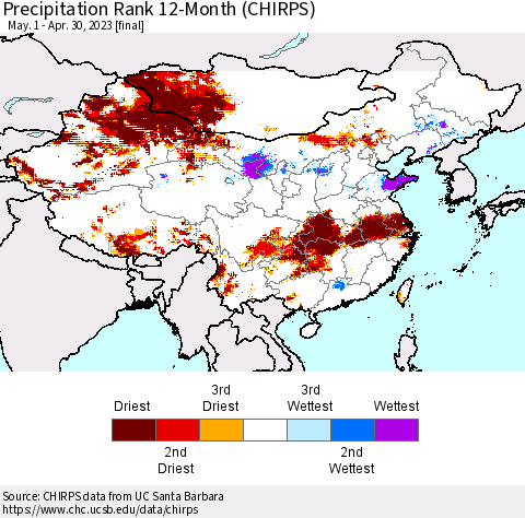 China, Mongolia and Taiwan Precipitation Rank since 1981, 12-Month (CHIRPS) Thematic Map For 5/1/2022 - 4/30/2023