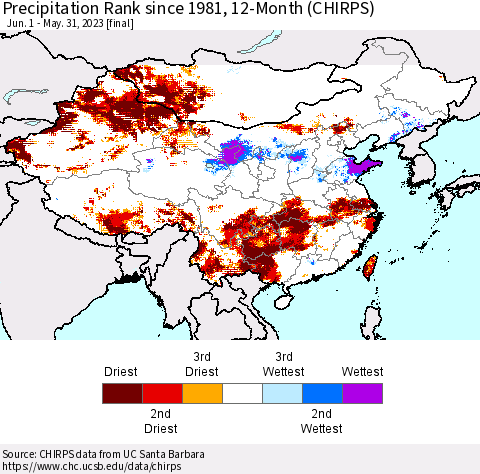China, Mongolia and Taiwan Precipitation Rank since 1981, 12-Month (CHIRPS) Thematic Map For 6/1/2022 - 5/31/2023