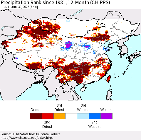 China, Mongolia and Taiwan Precipitation Rank since 1981, 12-Month (CHIRPS) Thematic Map For 7/1/2022 - 6/30/2023