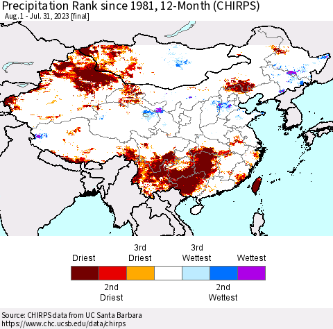 China, Mongolia and Taiwan Precipitation Rank since 1981, 12-Month (CHIRPS) Thematic Map For 8/1/2022 - 7/31/2023