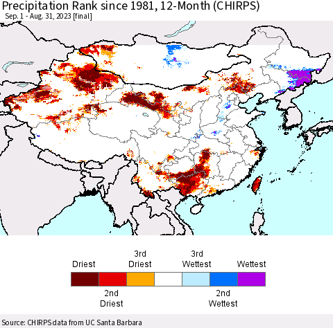 China, Mongolia and Taiwan Precipitation Rank since 1981, 12-Month (CHIRPS) Thematic Map For 9/1/2022 - 8/31/2023