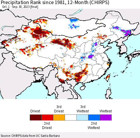China, Mongolia and Taiwan Precipitation Rank since 1981, 12-Month (CHIRPS) Thematic Map For 10/1/2022 - 9/30/2023