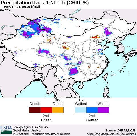 China, Mongolia and Taiwan Precipitation Rank since 1981, 1-Month (CHIRPS) Thematic Map For 3/1/2018 - 3/31/2018