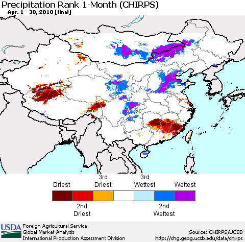 China, Mongolia and Taiwan Precipitation Rank since 1981, 1-Month (CHIRPS) Thematic Map For 4/1/2018 - 4/30/2018