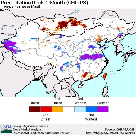 China, Mongolia and Taiwan Precipitation Rank since 1981, 1-Month (CHIRPS) Thematic Map For 5/1/2018 - 5/31/2018