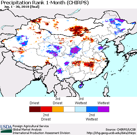 China, Mongolia and Taiwan Precipitation Rank since 1981, 1-Month (CHIRPS) Thematic Map For 6/1/2018 - 6/30/2018