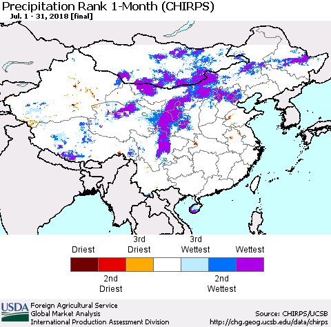 China, Mongolia and Taiwan Precipitation Rank since 1981, 1-Month (CHIRPS) Thematic Map For 7/1/2018 - 7/31/2018