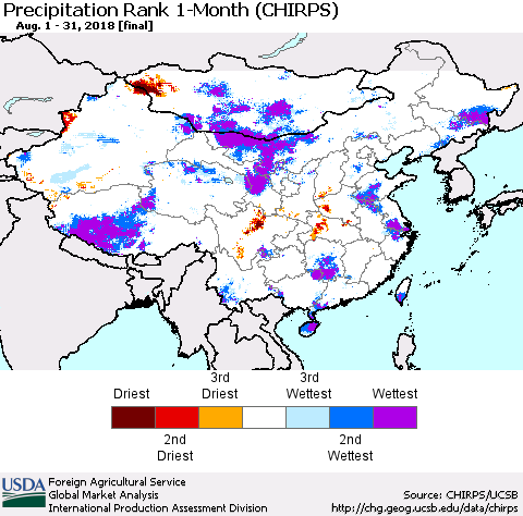 China, Mongolia and Taiwan Precipitation Rank since 1981, 1-Month (CHIRPS) Thematic Map For 8/1/2018 - 8/31/2018
