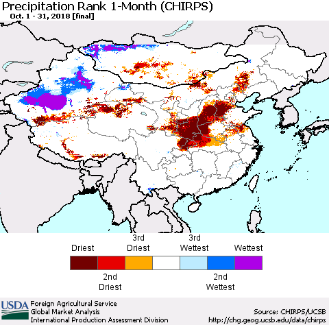 China and Taiwan Precipitation Rank 1-Month (CHIRPS) Thematic Map For 10/1/2018 - 10/31/2018