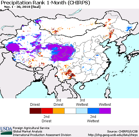 China and Taiwan Precipitation Rank 1-Month (CHIRPS) Thematic Map For 11/1/2018 - 11/30/2018