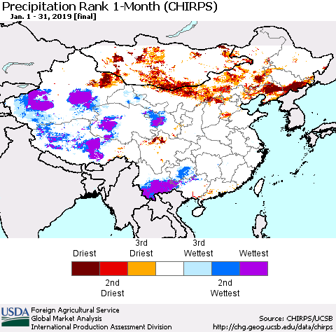China and Taiwan Precipitation Rank 1-Month (CHIRPS) Thematic Map For 1/1/2019 - 1/31/2019