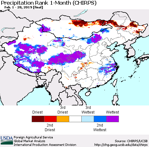China and Taiwan Precipitation Rank 1-Month (CHIRPS) Thematic Map For 2/1/2019 - 2/28/2019