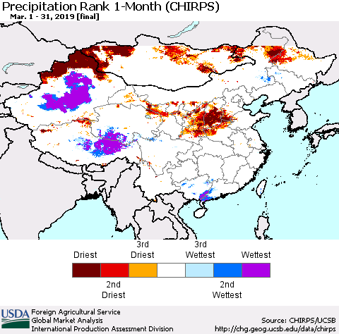 China and Taiwan Precipitation Rank 1-Month (CHIRPS) Thematic Map For 3/1/2019 - 3/31/2019