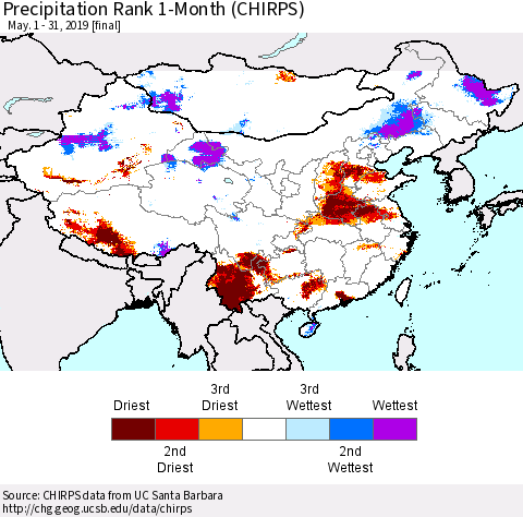 China and Taiwan Precipitation Rank 1-Month (CHIRPS) Thematic Map For 5/1/2019 - 5/31/2019