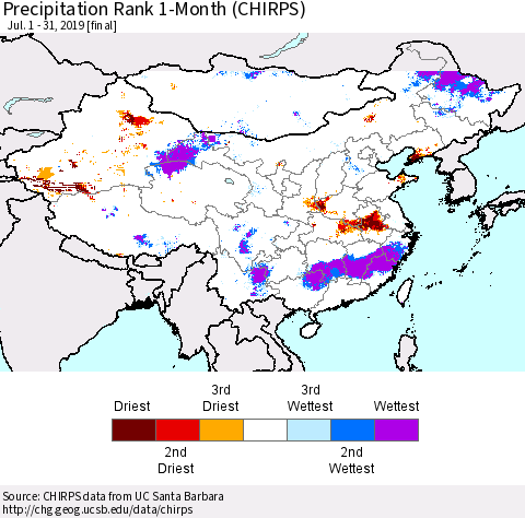 China and Taiwan Precipitation Rank 1-Month (CHIRPS) Thematic Map For 7/1/2019 - 7/31/2019