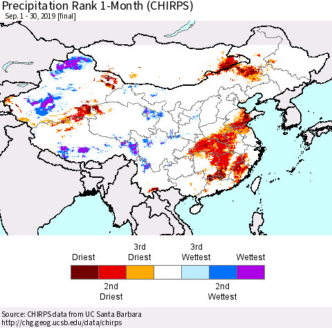 China and Taiwan Precipitation Rank 1-Month (CHIRPS) Thematic Map For 9/1/2019 - 9/30/2019