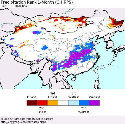 China, Mongolia and Taiwan Precipitation Rank since 1981, 1-Month (CHIRPS) Thematic Map For 1/1/2020 - 1/31/2020