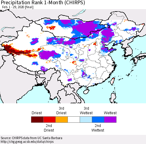 China, Mongolia and Taiwan Precipitation Rank since 1981, 1-Month (CHIRPS) Thematic Map For 2/1/2020 - 2/29/2020