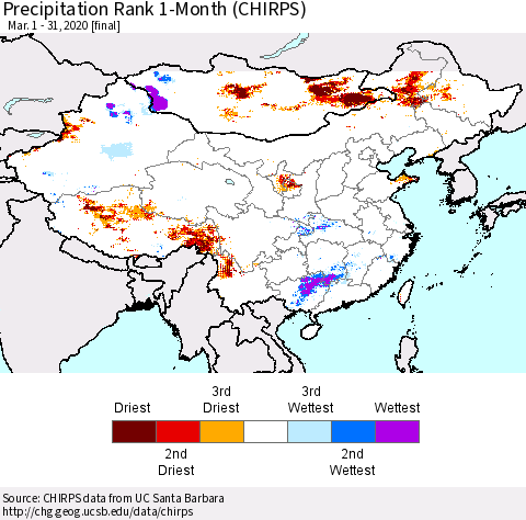 China, Mongolia and Taiwan Precipitation Rank since 1981, 1-Month (CHIRPS) Thematic Map For 3/1/2020 - 3/31/2020