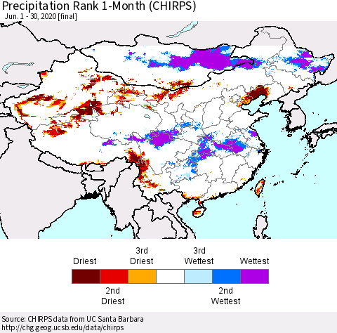 China, Mongolia and Taiwan Precipitation Rank since 1981, 1-Month (CHIRPS) Thematic Map For 6/1/2020 - 6/30/2020